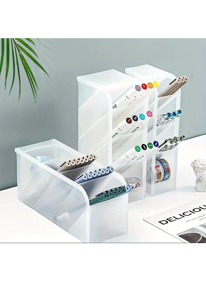 LDQ Multifunctional Clear Plastic Desk Organizer Pen Holder with Frosted Slant Insert – Stationery, Makeup Brush & Lipstick Storage - Image 1